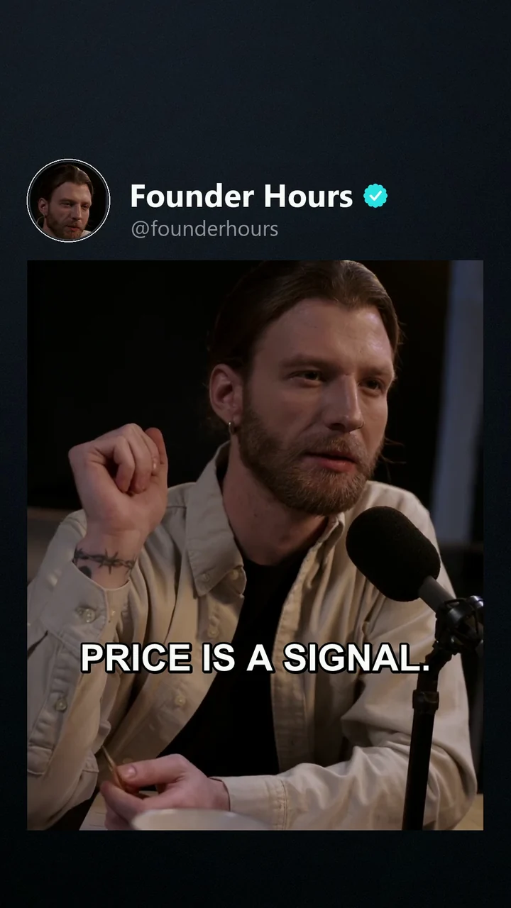 Rendered variant for Founder Hours: slate profile header, the podcast clip inset, clean white captions