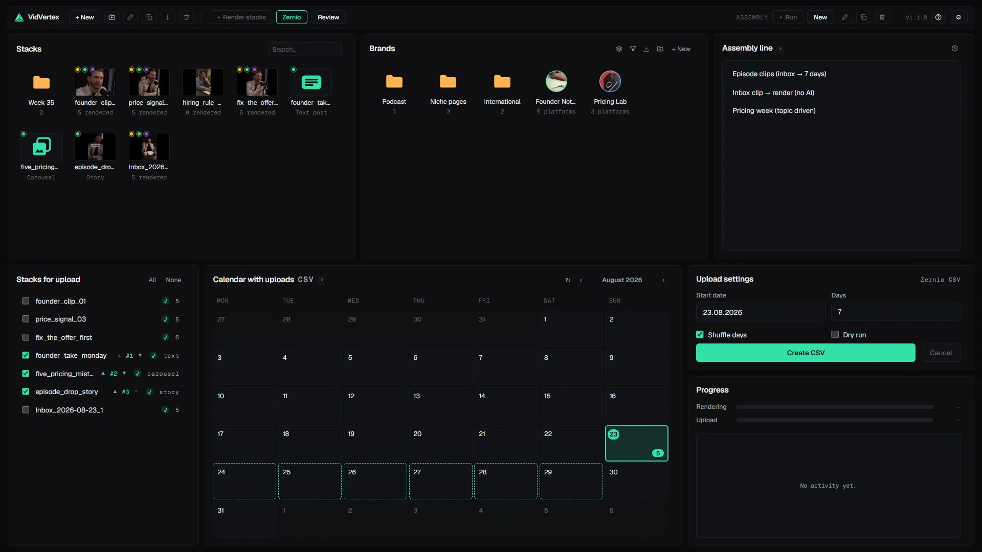 Scheduling in the hub: a click on a calendar day moves the upload window, then Start upload opens the pre-flight summary