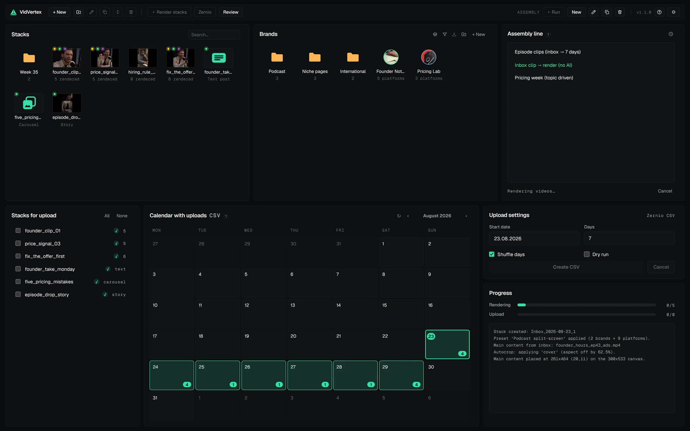 The assembly line running: the preset highlighted, the live run log underneath