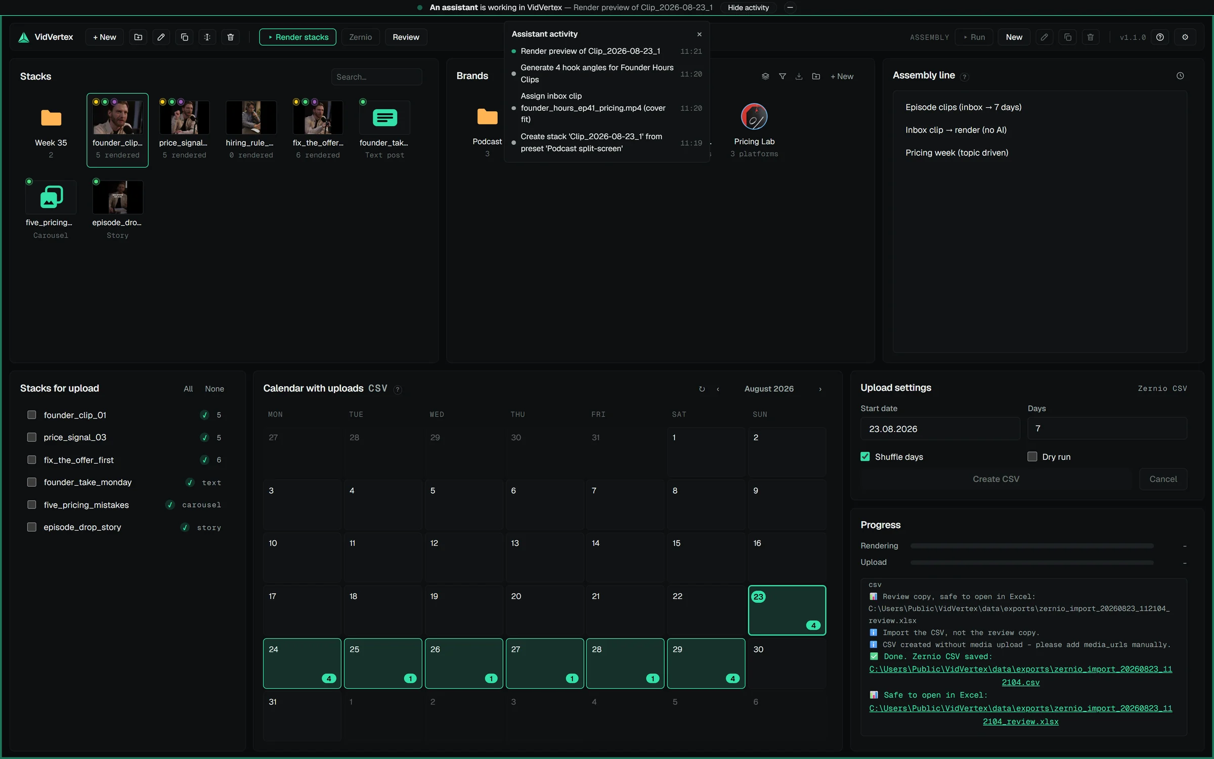 The hub with the assistant strip and its click-open action feed