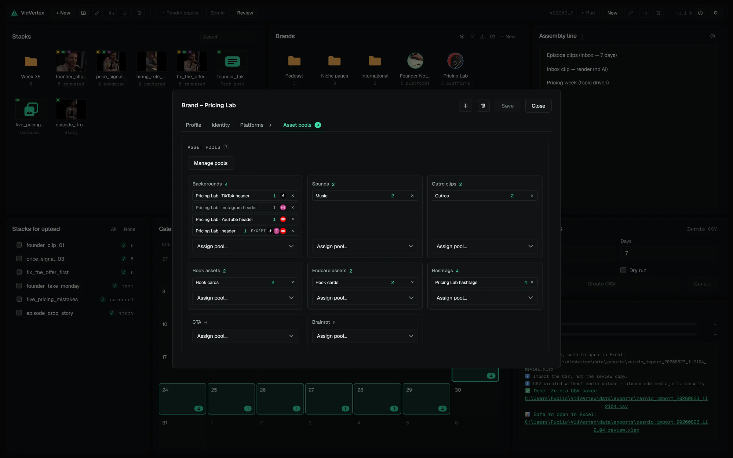 Brand editor, Asset pools tab: one chip per slot with the pool name and its resolved count