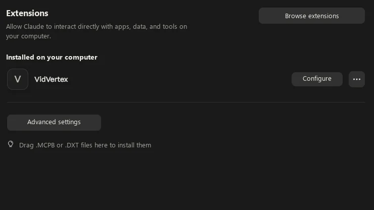 Claude Desktop, Settings → Extensions: the VidVertex extension installed, with Configure and the drag-and-drop area for .mcpb files
