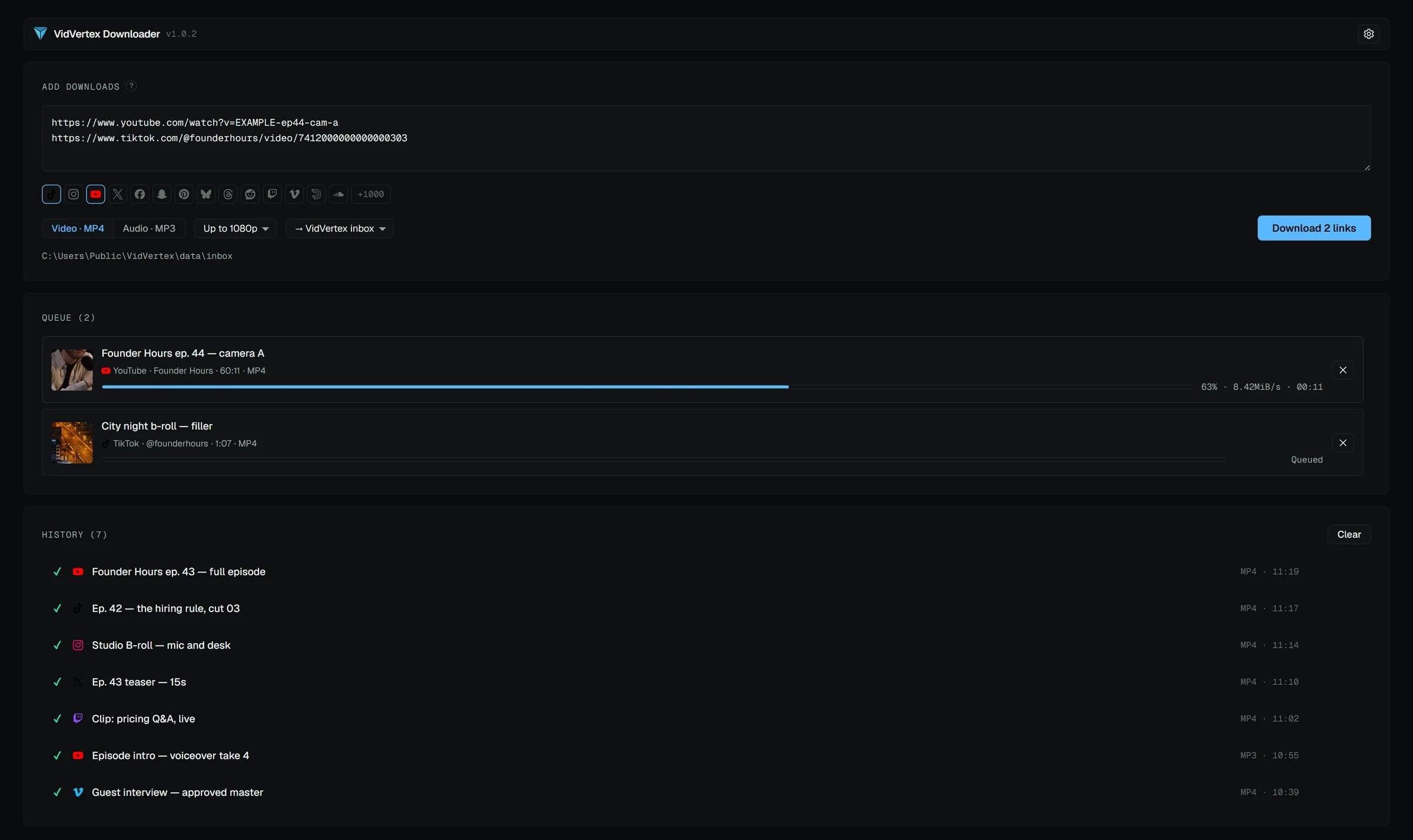 VidVertex Downloader: pasted links, the platform strip, target → VidVertex inbox and a live download