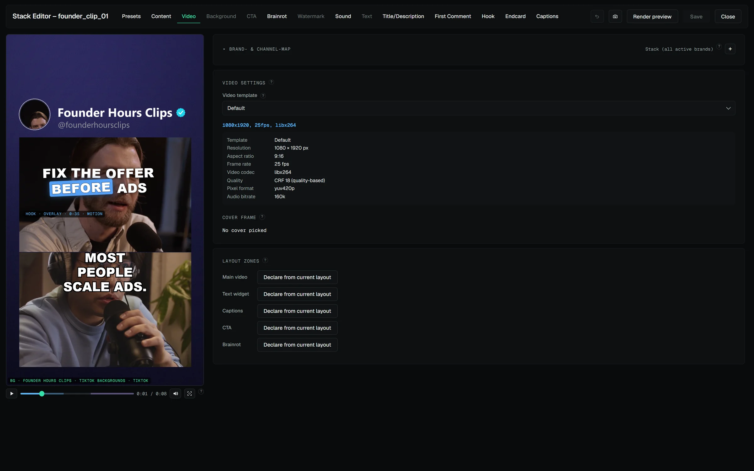 The stack editor: the brand's profile-header background with the clip inset, a hook line and burned-in captions on the live canvas