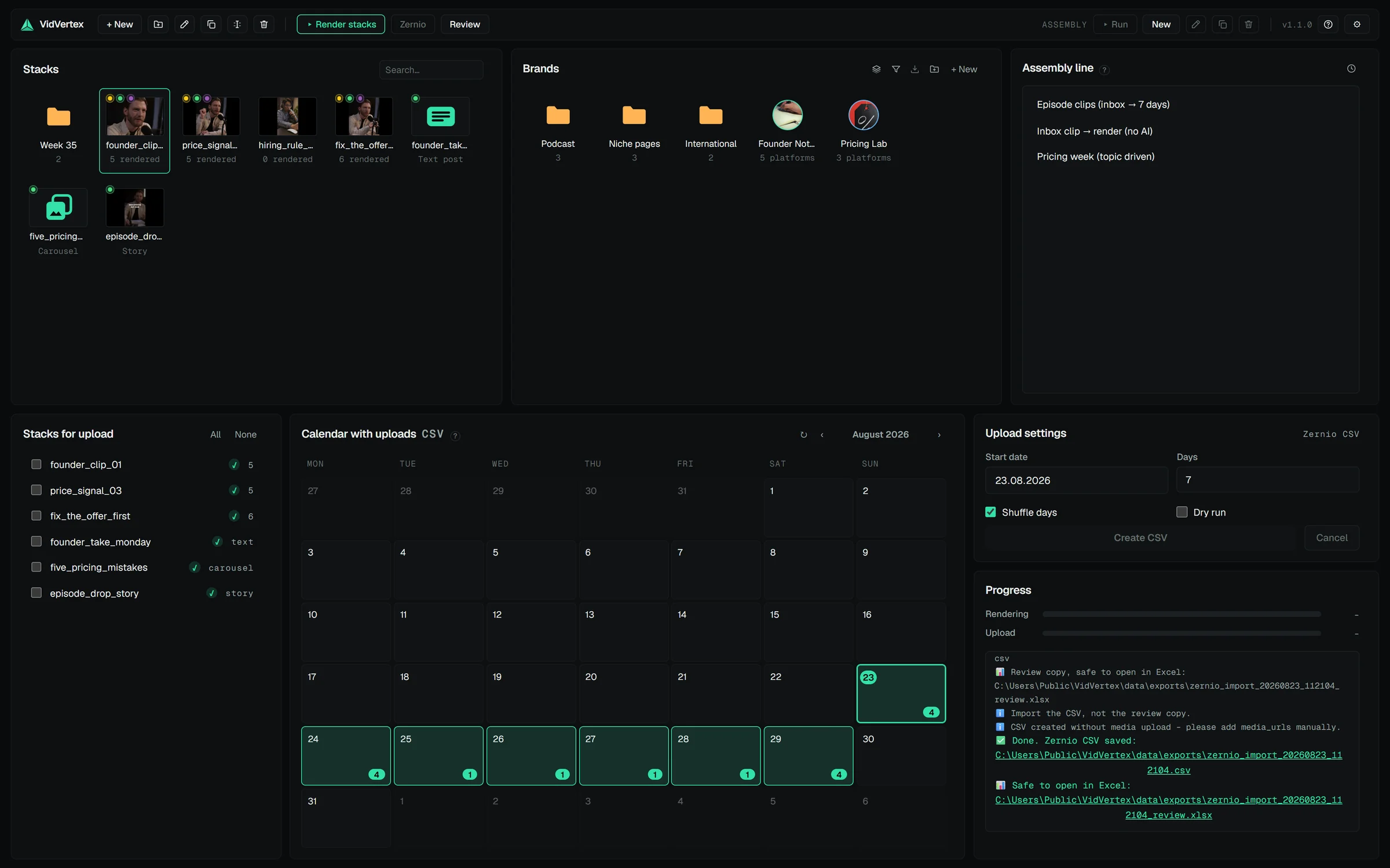 The VidVertex hub: stacks with render counts, brand folders, assembly presets, the upload queue and the calendar