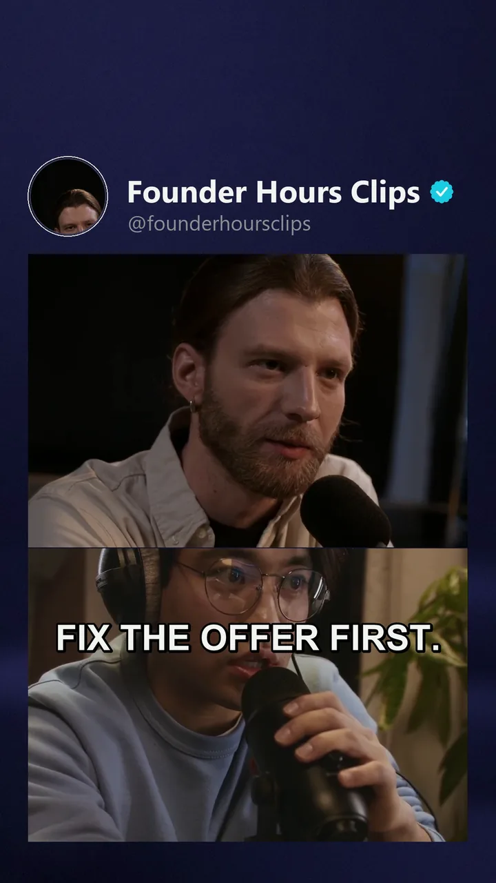 Rendered variant for Founder Hours Clips: the clipper split screen with the host above and the guest below, mint glow captions