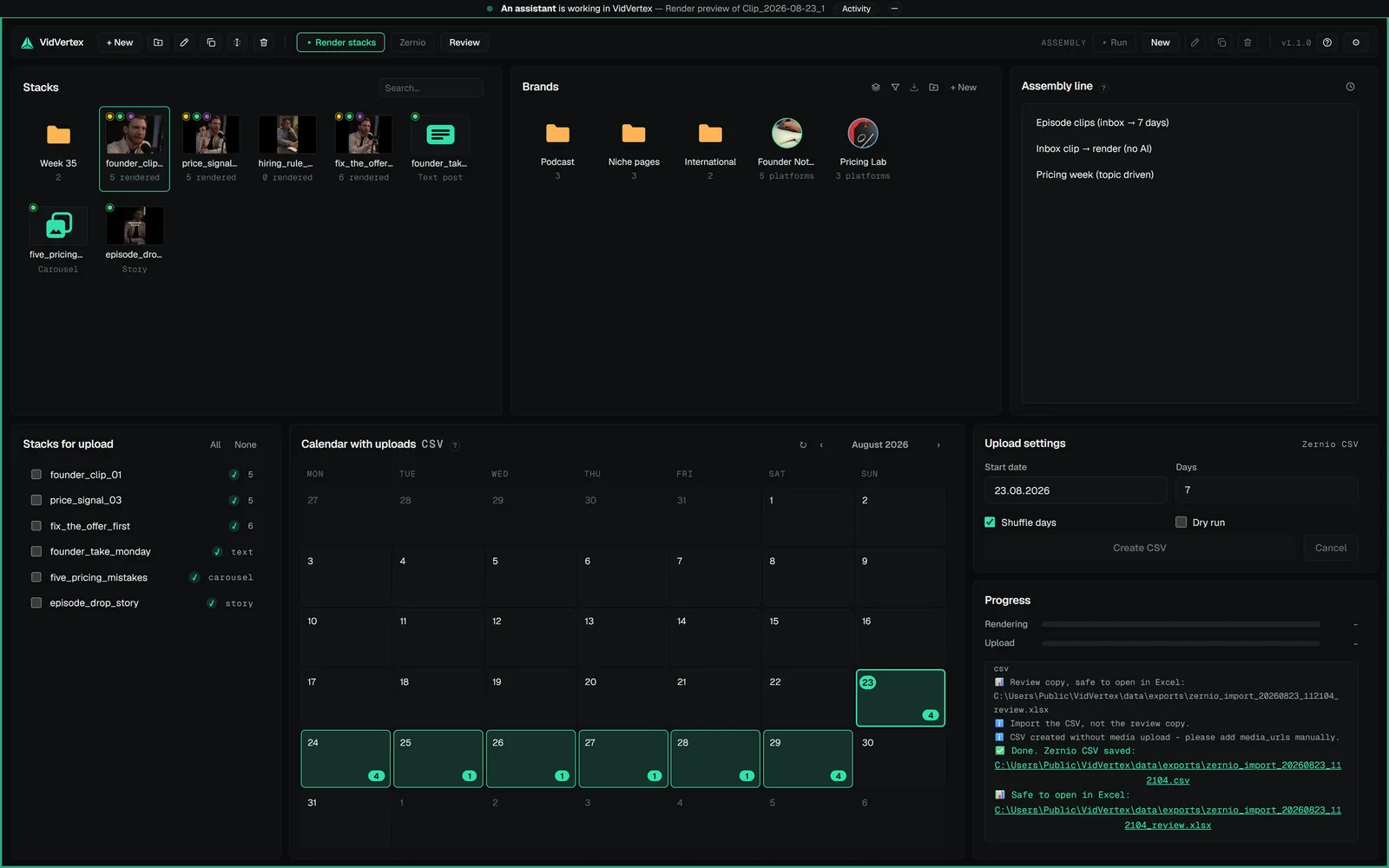 The hub while an assistant works: the strip at the top names the client and its current action