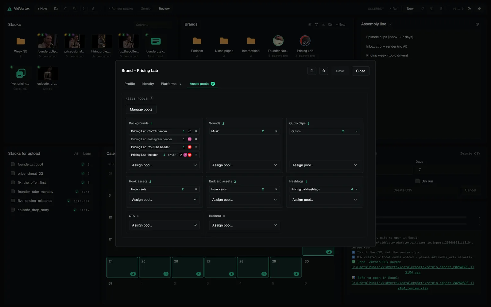 Brand editor, Asset pools tab: one chip per slot with the pool name and its resolved count