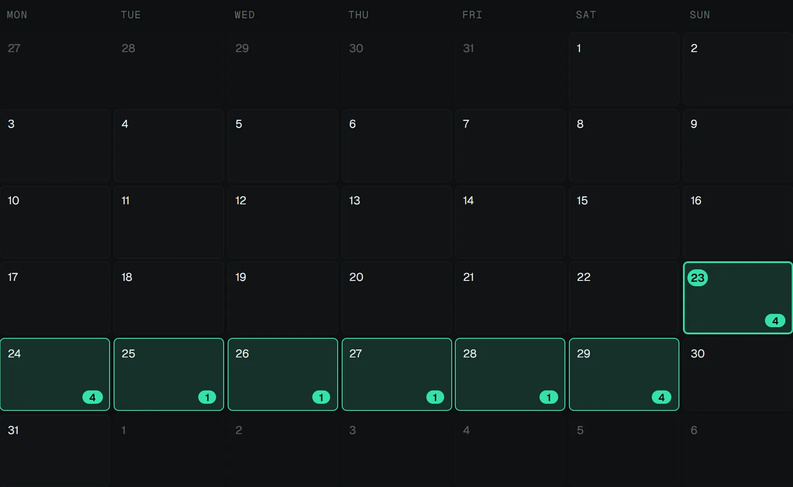 The upload calendar: a month grid with scheduled posts per brand and platform