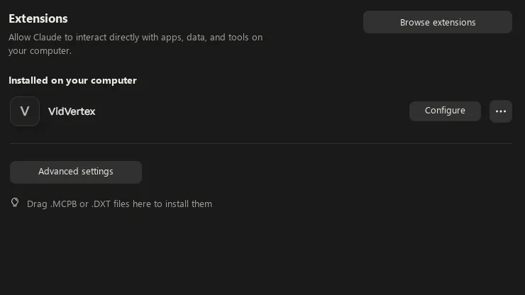 Claude Desktop, Settings → Extensions: the VidVertex extension installed, with Configure and the drag-and-drop area for .mcpb files