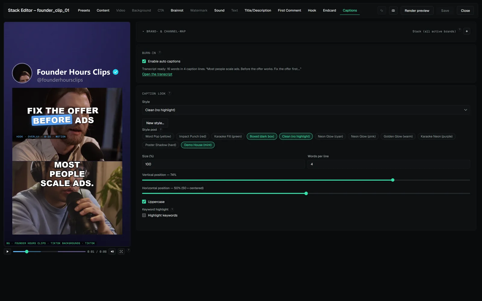 Stack editor, Captions tab: style pool, size, position and keyword highlight — captions live on the canvas