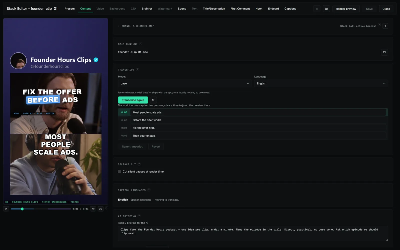 Stack editor, Content tab: the editable transcript with timestamps and the AI briefing