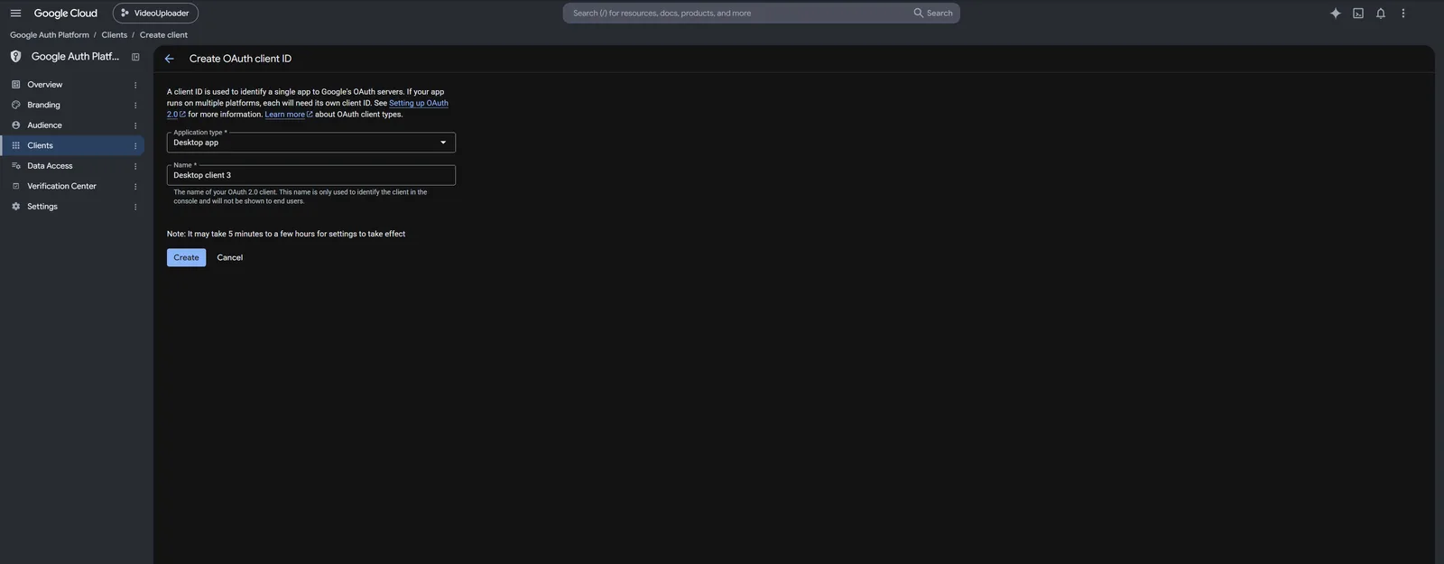 Google Cloud console, Create OAuth client ID: application type Desktop app selected, ready to create