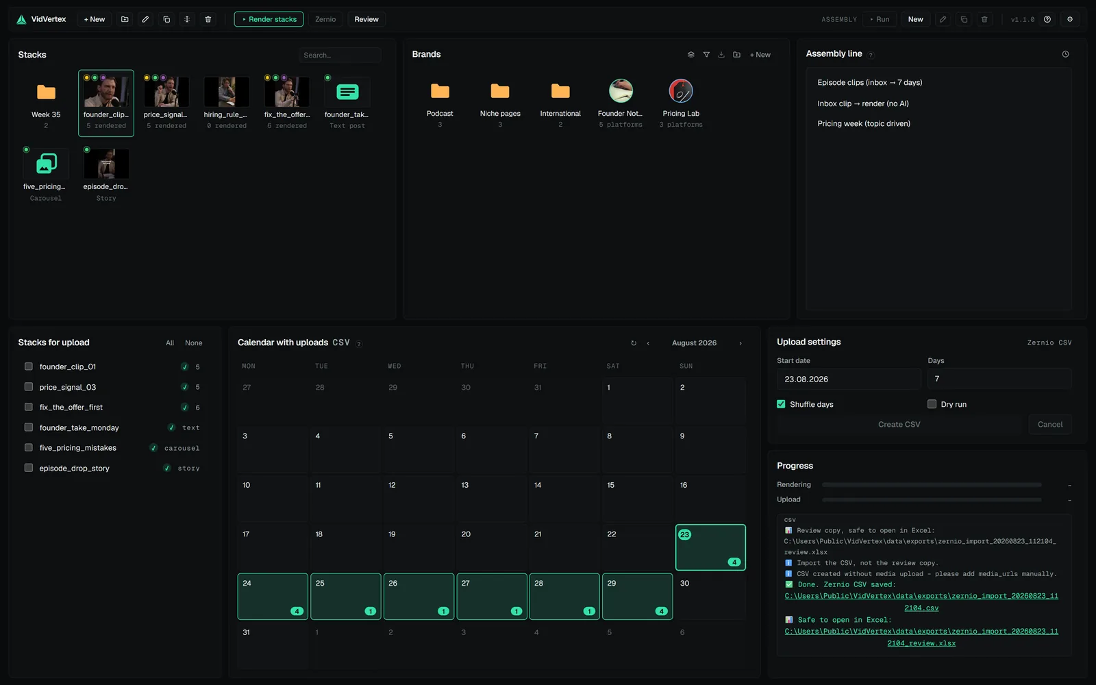 The VidVertex hub: stacks with render counts, brand folders, assembly presets, the upload queue and the calendar