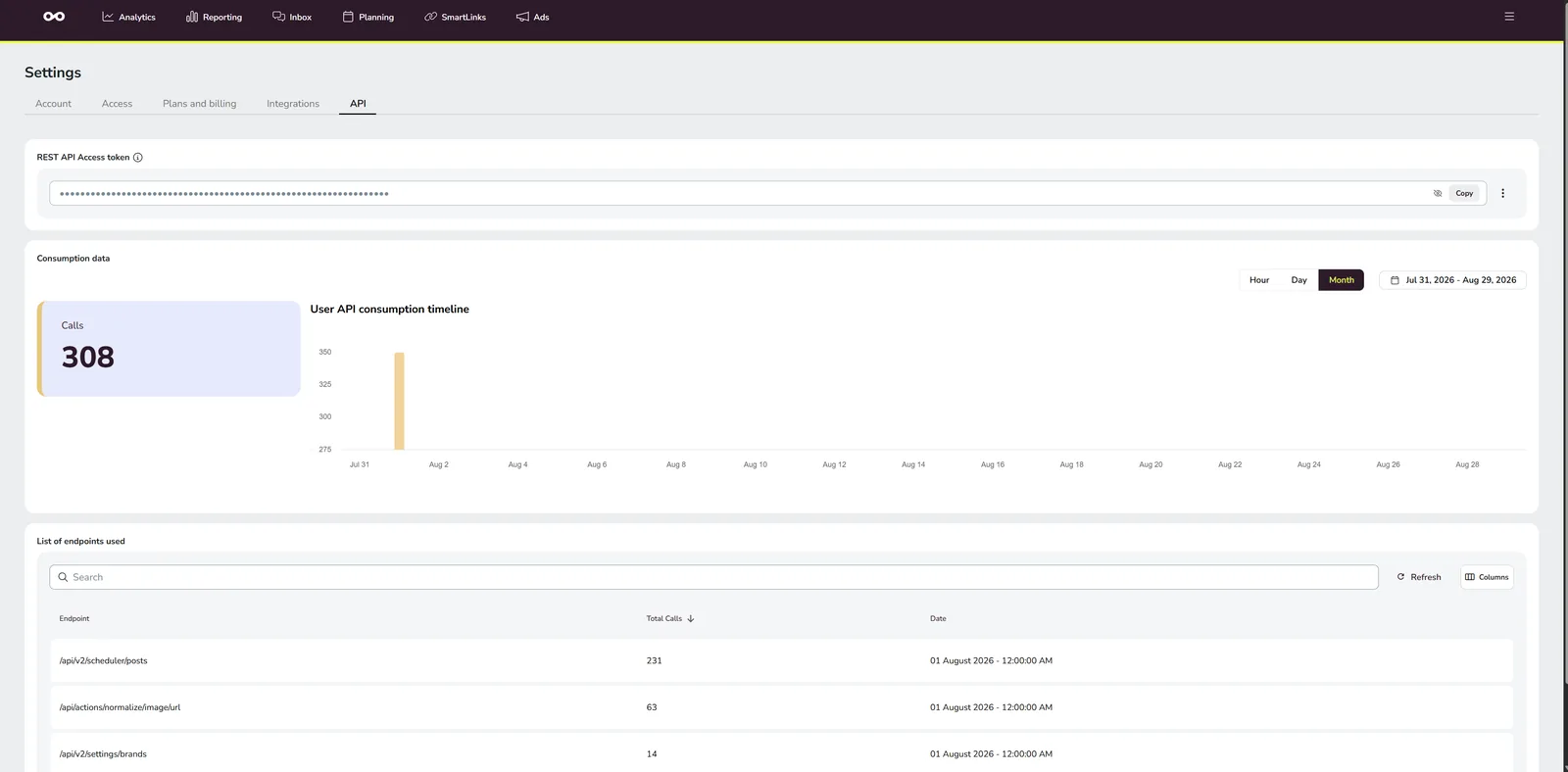 Metricool account settings, API section: the REST API access token behind a Copy button, plus the account's API consumption