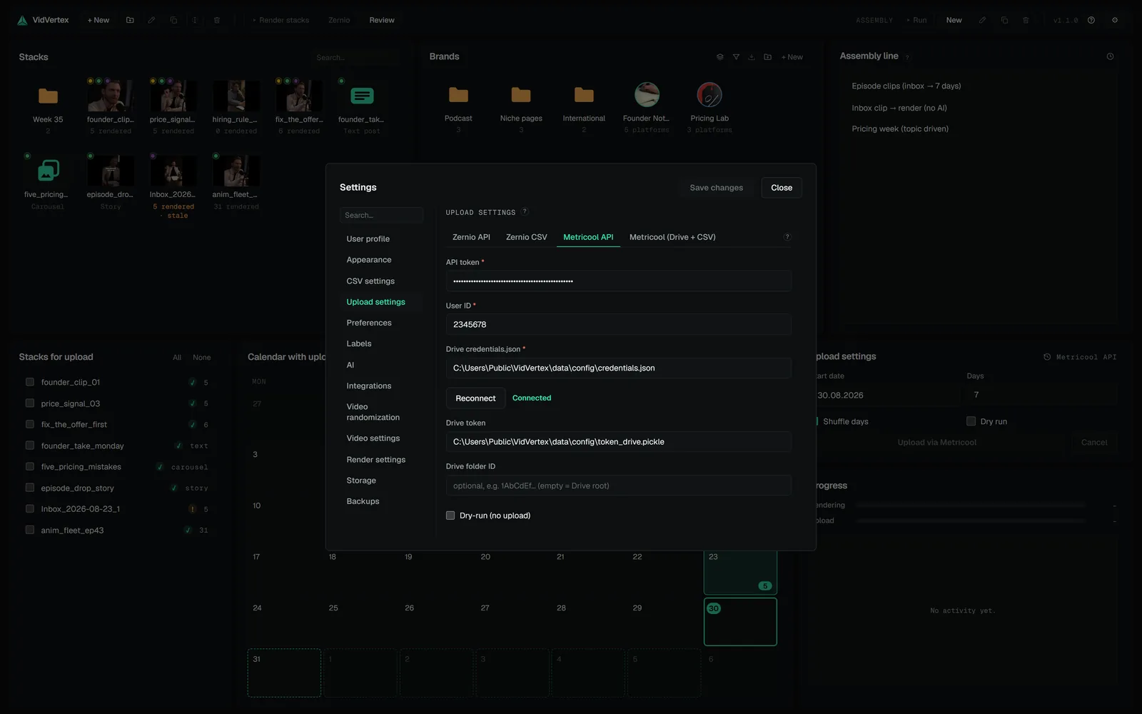 VidVertex Settings → Upload settings, Metricool API tab: API token, user ID, the Drive credentials and the Google Drive connection showing Connected