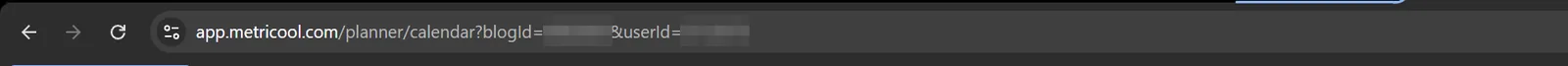 Metricool in the browser: the address bar carries blogId and userId as URL parameters (IDs blurred)