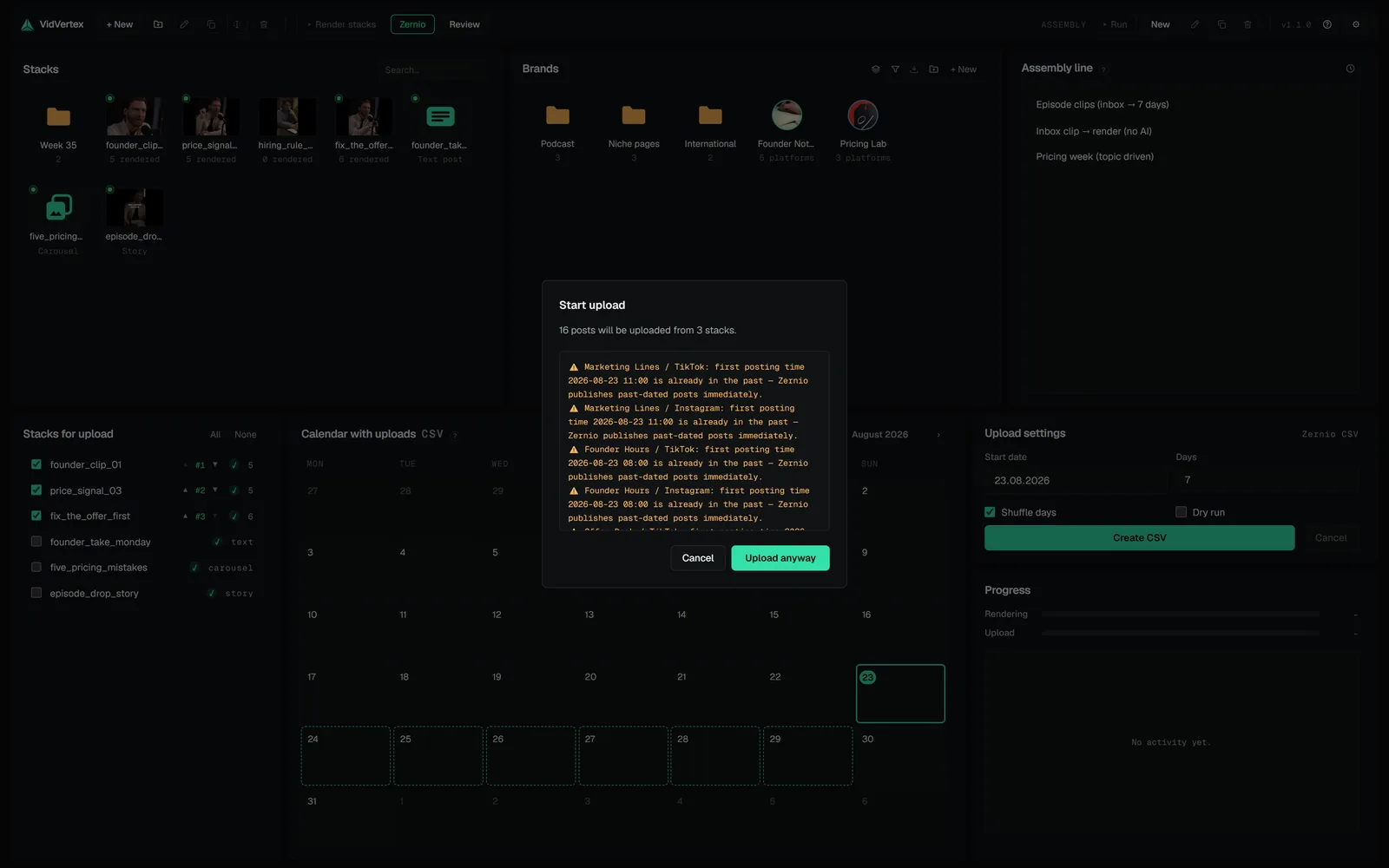 The pre-flight summary before an upload: planned posts, duplicate and platform-limit warnings