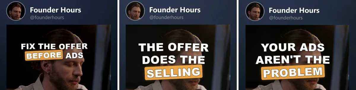 Three hook angles on the same clip: Fix the offer before ads · The offer does the selling · Your ads aren't the problem