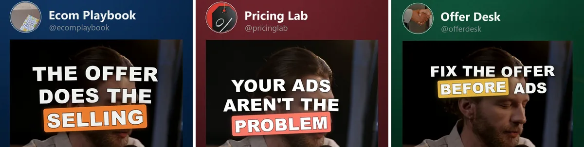 Three hook angles on the same clip: The offer does the selling · Your ads aren't the problem · Fix the offer before ads