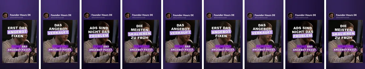 Nine platform covers of Founder Hours DE's variants in a row: TikTok, Instagram, YouTube, Facebook, X, Pinterest, Threads, Bluesky, Snapchat