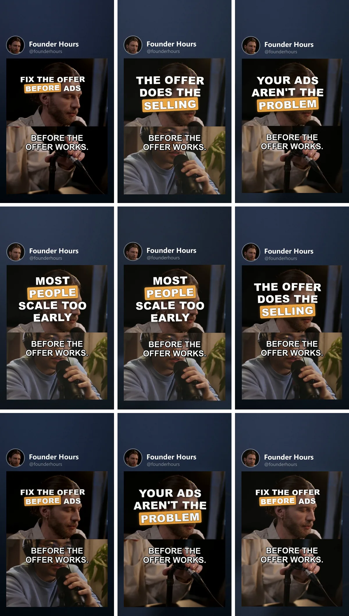 Founder Hours's nine platform covers laid out as a 3 by 3 profile grid: the same header, caption look and text placement on every cover