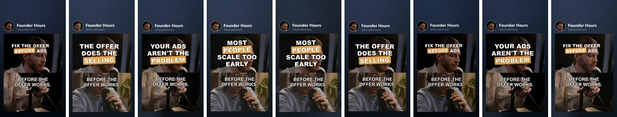Nine platform covers of Founder Hours's variants in a row: TikTok, Instagram, YouTube, Facebook, X, Pinterest, Threads, Bluesky, Snapchat