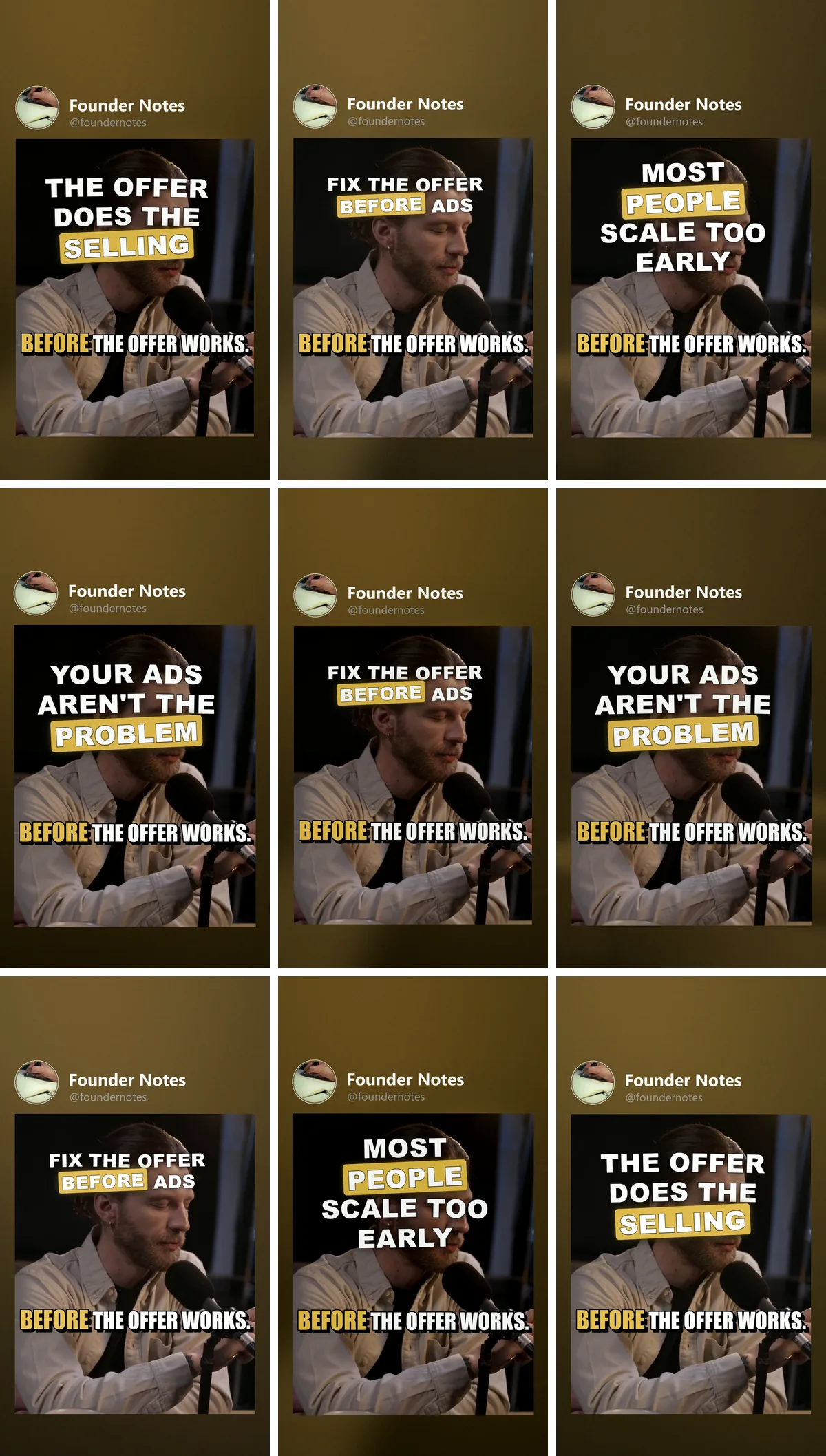 Founder Notes's nine platform covers laid out as a 3 by 3 profile grid: the same header, caption look and text placement on every cover