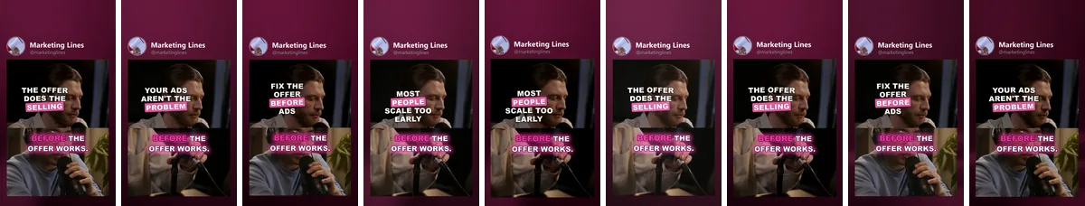 Nine platform covers of Marketing Lines's variants in a row: TikTok, Instagram, YouTube, Facebook, X, Pinterest, Threads, Bluesky, Snapchat