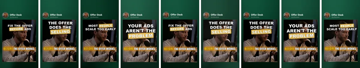 Nine platform covers of Offer Desk's variants in a row: TikTok, Instagram, YouTube, Facebook, X, Pinterest, Threads, Bluesky, Snapchat