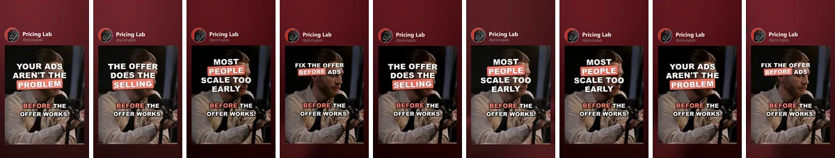 Nine platform covers of Pricing Lab's variants in a row: TikTok, Instagram, YouTube, Facebook, X, Pinterest, Threads, Bluesky, Snapchat