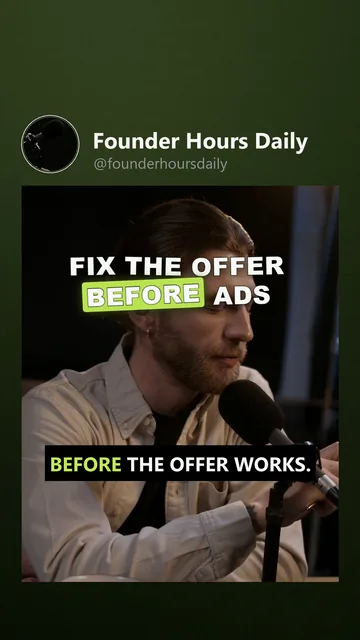 Rendered Snapchat Spotlight variant for Founder Hours Daily: the cover moment, hook 'Fix the offer before ads', boxed captions