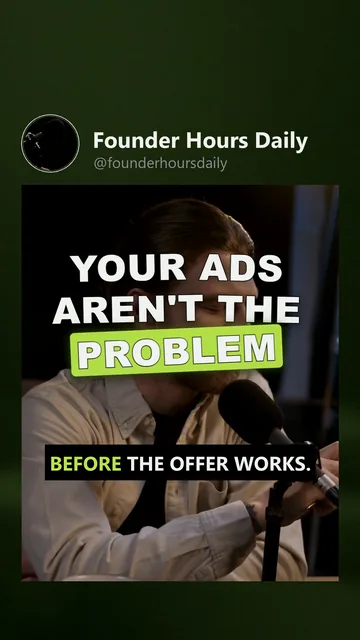 Rendered TikTok variant for Founder Hours Daily: the cover moment, hook 'Your ads aren't the problem', boxed captions