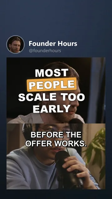 Rendered Facebook Reels variant for Founder Hours: the cover moment, hook 'Most people scale too early', clean captions