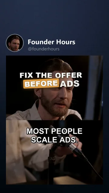 Rendered TikTok variant for Founder Hours: the first half second, hook title animating in, hook 'Fix the offer before ads', clean captions
