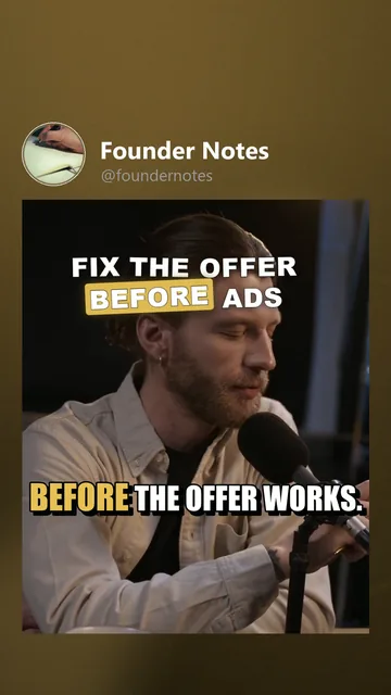 Rendered Instagram Reels variant for Founder Notes: the cover moment, hook 'Fix the offer before ads', poster_shadow captions