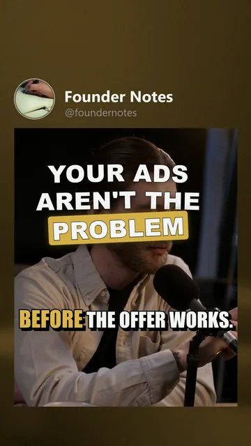Rendered Pinterest variant for Founder Notes: the cover moment, hook 'Your ads aren't the problem', poster_shadow captions