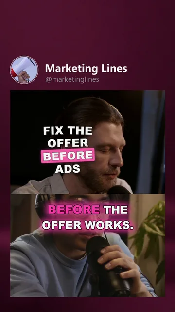 Rendered Bluesky variant for Marketing Lines: the cover moment, hook 'Fix the offer before ads', neon_pink captions