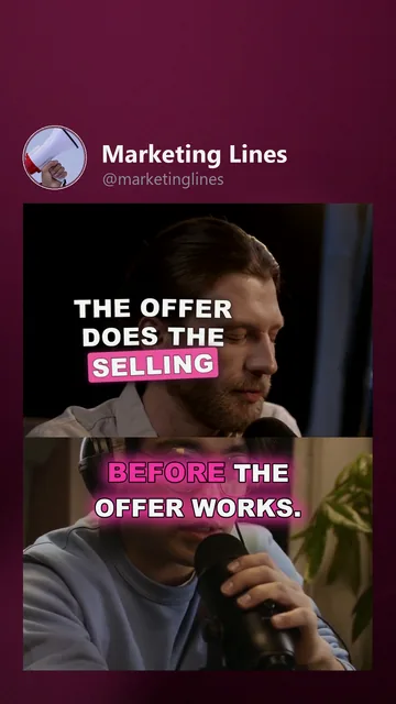 Rendered TikTok variant for Marketing Lines: the cover moment, hook 'The offer does the selling', neon_pink captions