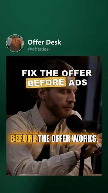Rendered TikTok variant for Offer Desk: the cover moment, hook 'Fix the offer before ads', golden_glow captions